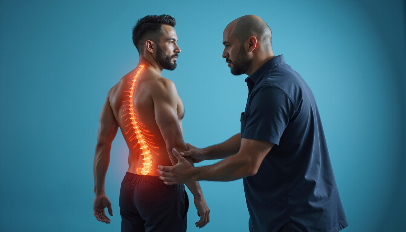  Physiotherapist guiding man through core strengthening routine, anatomical lumbar vertebrae highlighted