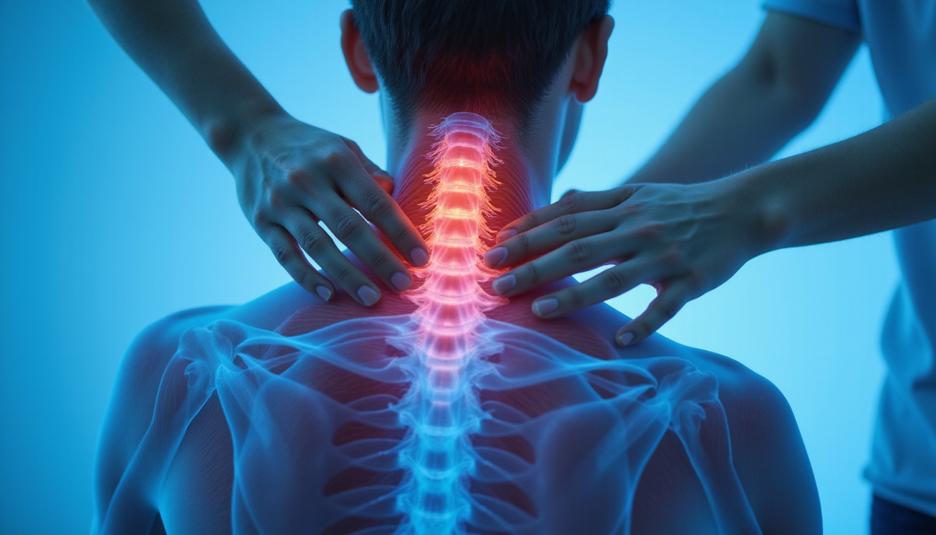  Close-up anatomical overlay showing neck muscles releasing, hands guiding gentle stretch, calming blue gradient