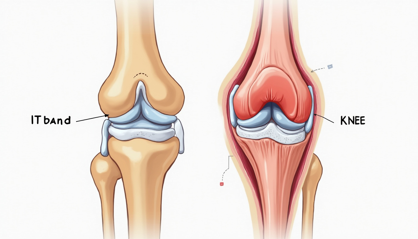  Detailed cutaway anatomy of IT band and knee, labeled, clean medical illustration, soft colors