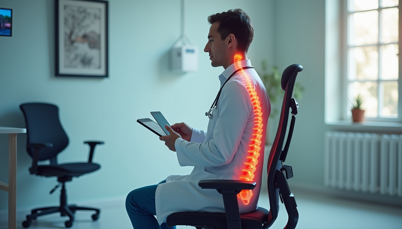  Doctor demonstrating lumbar support posture with ergonomic chair, animated spine overlay, calming clinic