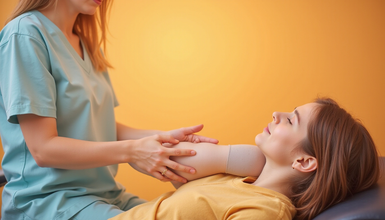  Patient receiving gentle physiotherapy and stretching, warm tones, hopeful realistic style