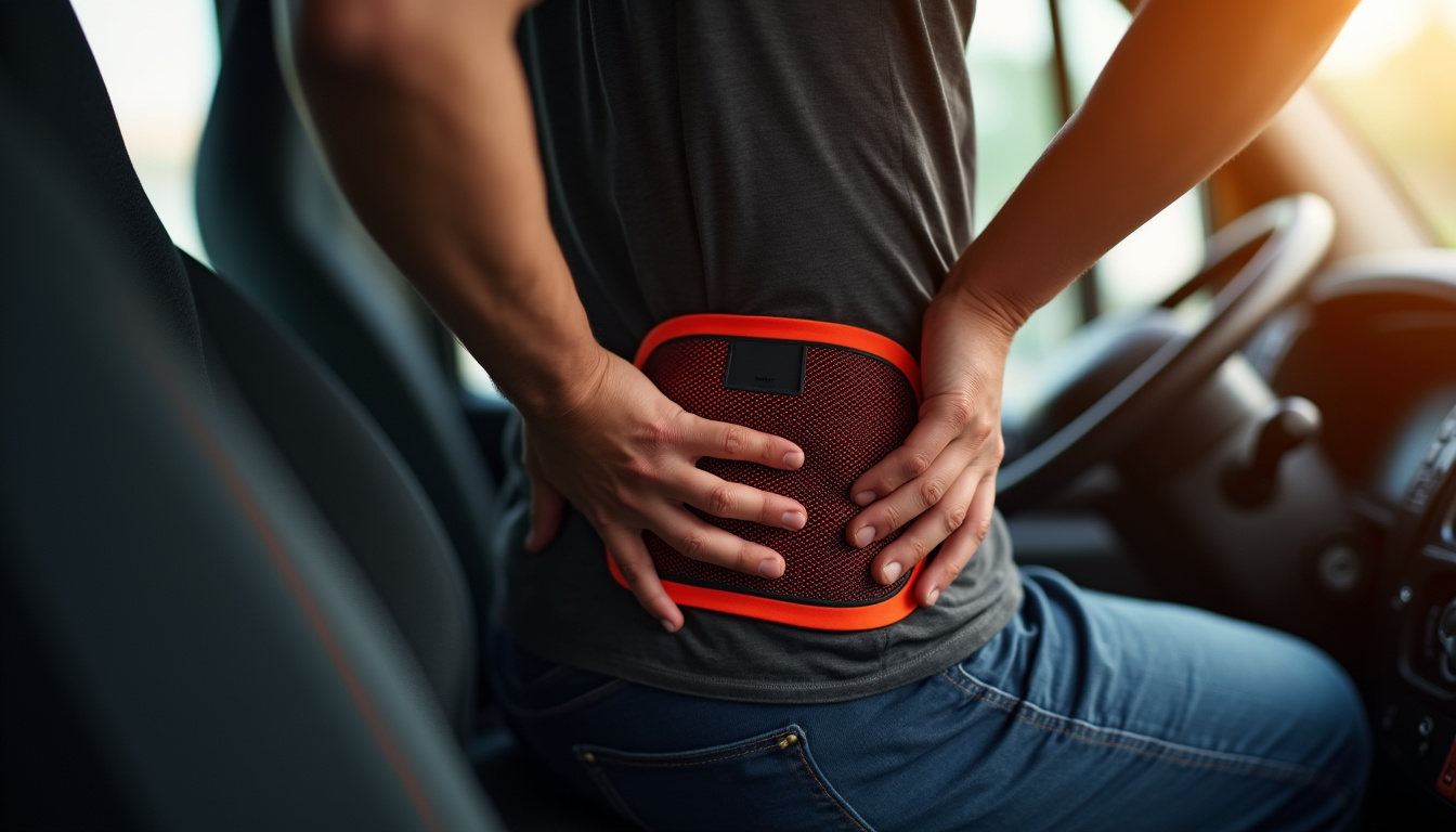  Close-up hands applying portable TENS pad to lower back inside truck cab, warm lighting