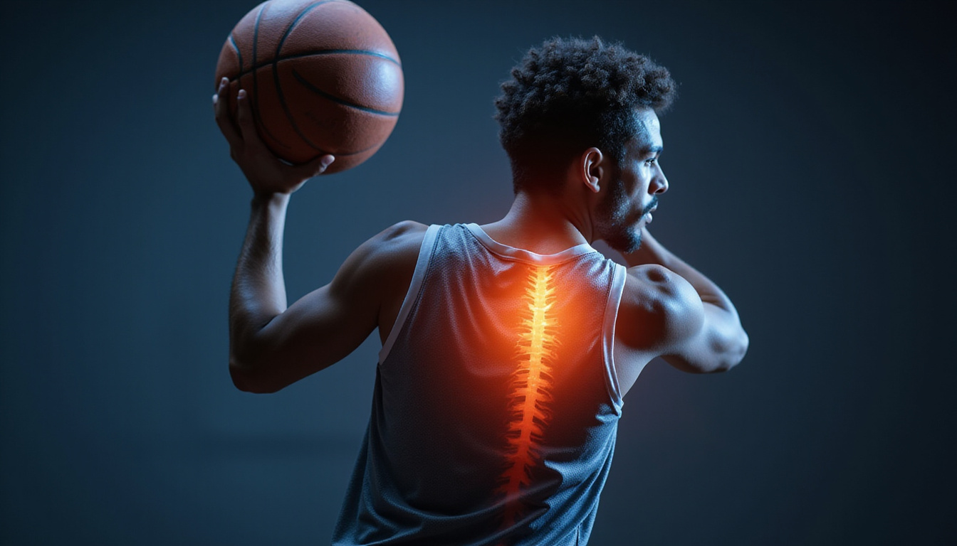  Basketball player shooting with glowing shoulder pain hotspot, anatomical overlay, actionable throwing tips, high-detail
