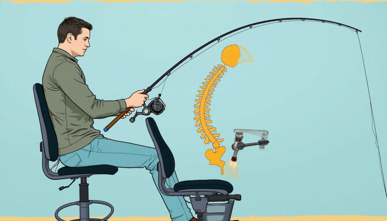  Ergonomic fishing setup: adjustable rod holder, lumbar support seat, illustrated spine overlay, instructional icons