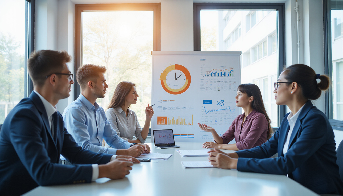  Dynamic team huddle, charts, timer, lightning-fast resolution icons, supportive gestures, professional modern office