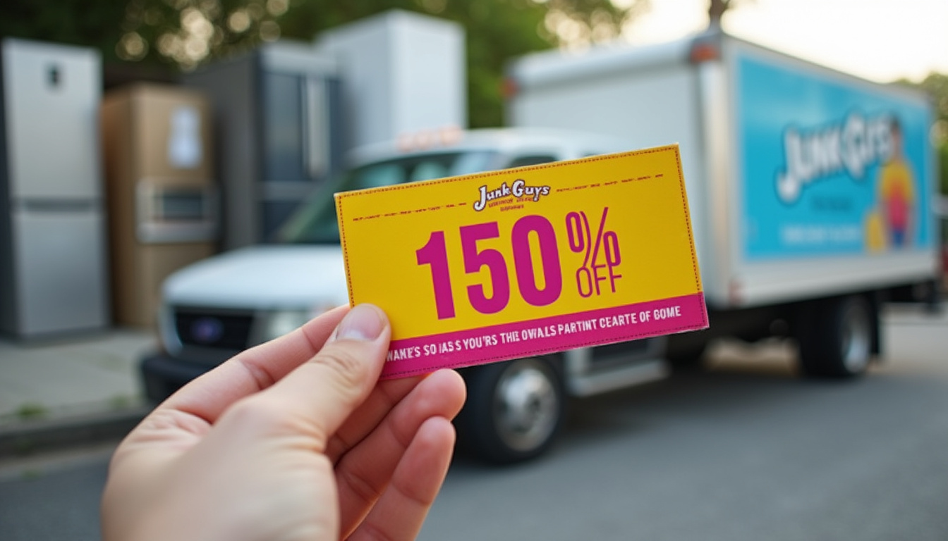  Close-up hand presenting colorful discount coupon, stacked appliances and Junk Guys truck in background