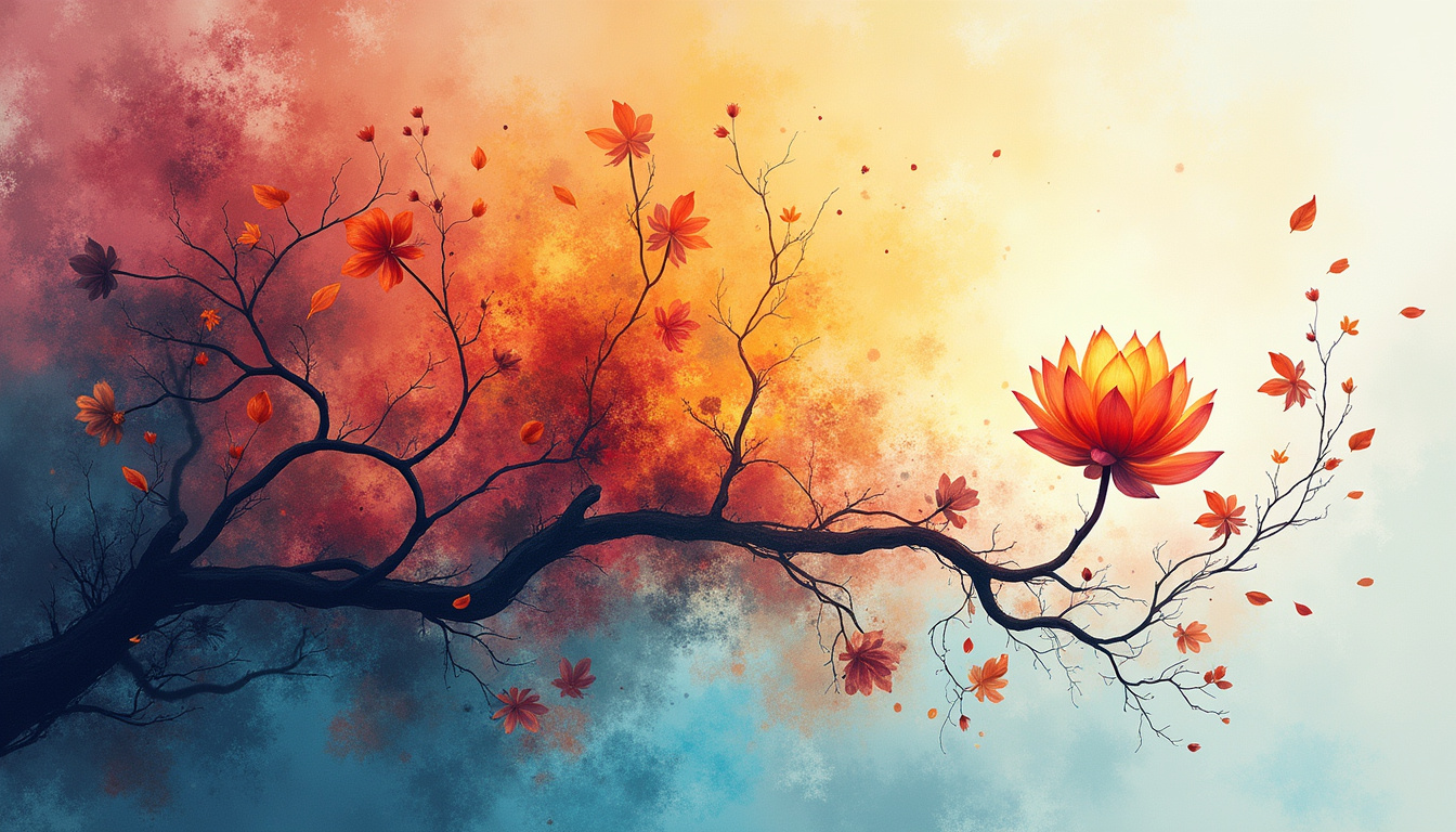  Shadowed vine of toxic patterns dissolving into lotus light, phoenix rising, watercolor surreal