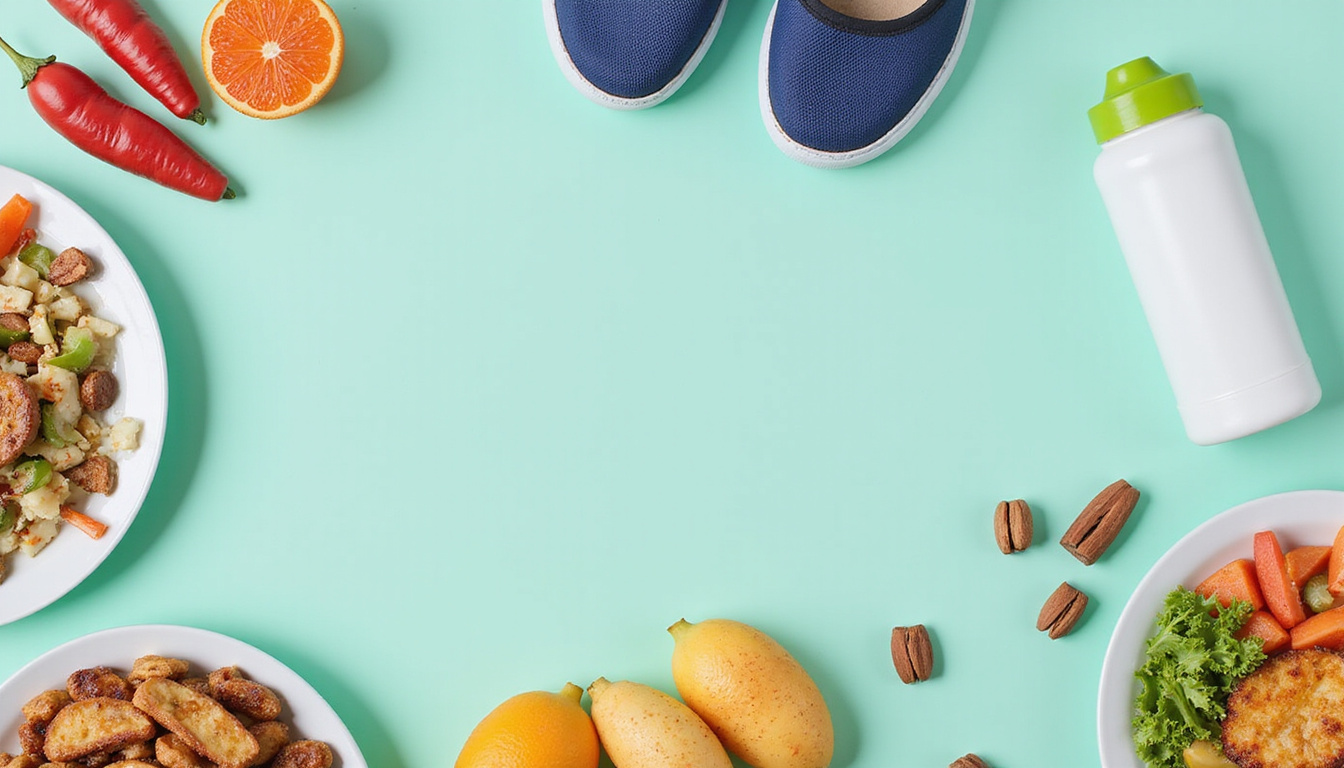  Lifestyle montage: supportive shoes, proper sitting posture, water bottle, anti-inflammatory meals