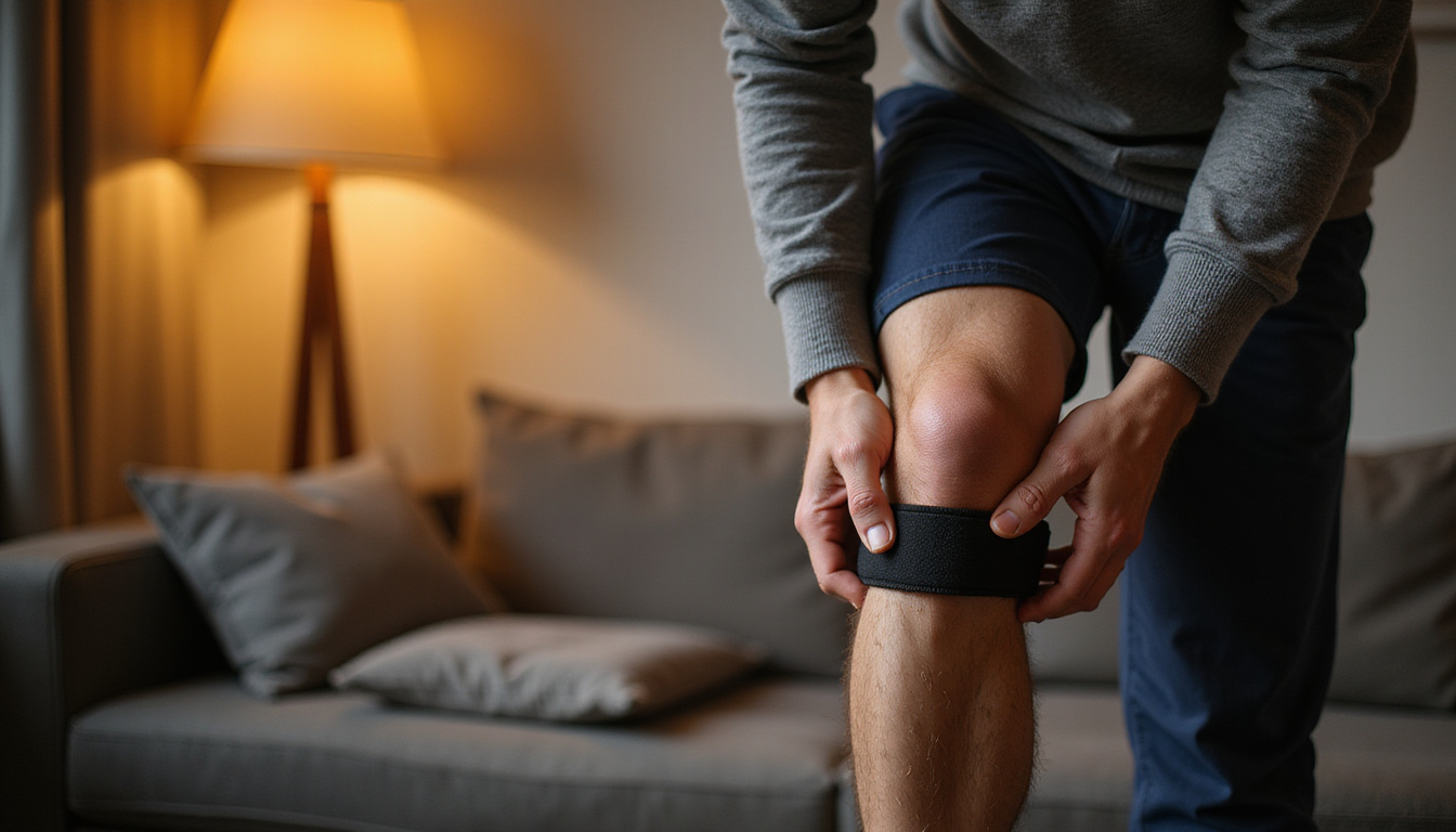  Close-up of father applying knee brace after walk, warm lamp light, textured skin, hopeful