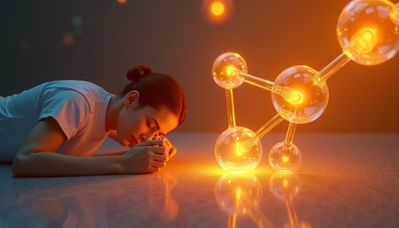  Warm rehabilitation scene, person stretching beside floating glucosamine molecule, cartilage regenerating with golden light