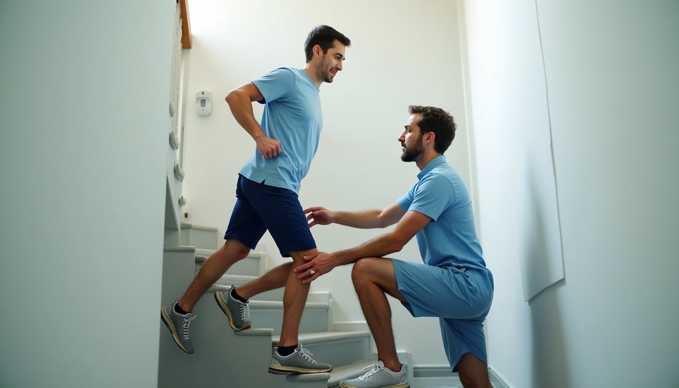  Physiotherapist guiding man through seven simple knee strengthening moves on staircase, supportive hands, clinical calm