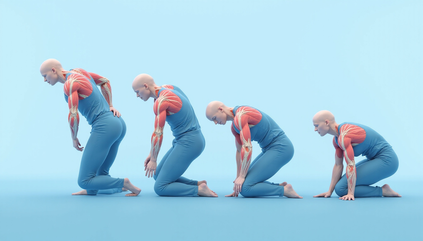  Sequence of dynamic shoulder mobility poses, motion blur, detailed rotator cuff anatomy, calming blue tones