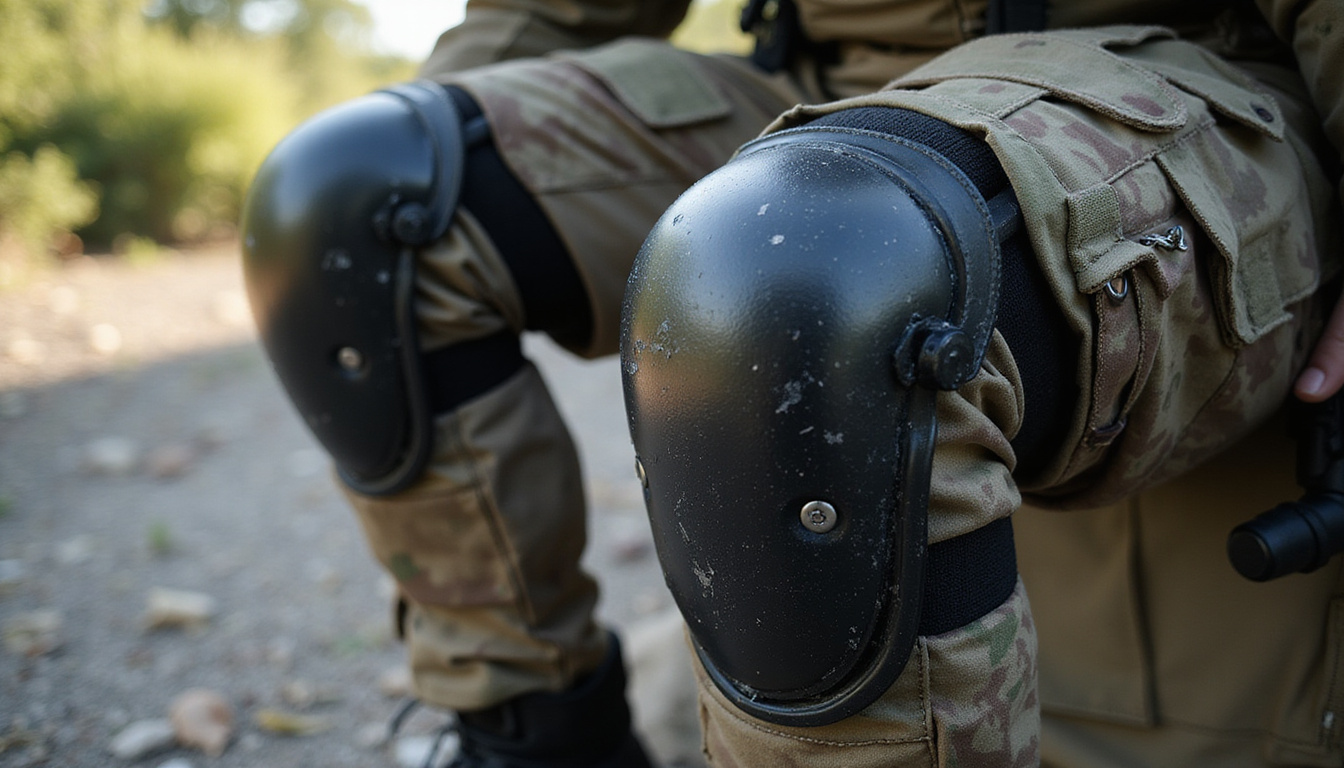  Angled close-up of rugged tactical knee pads, silent movement, flexible straps, ready for anything