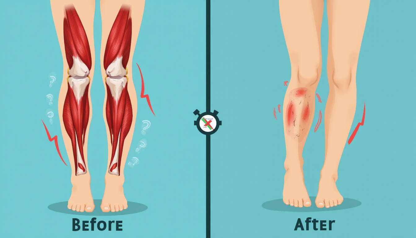  Illustrated before-and-after knees caving versus aligned, muscles highlighted, pain icons fading into green check