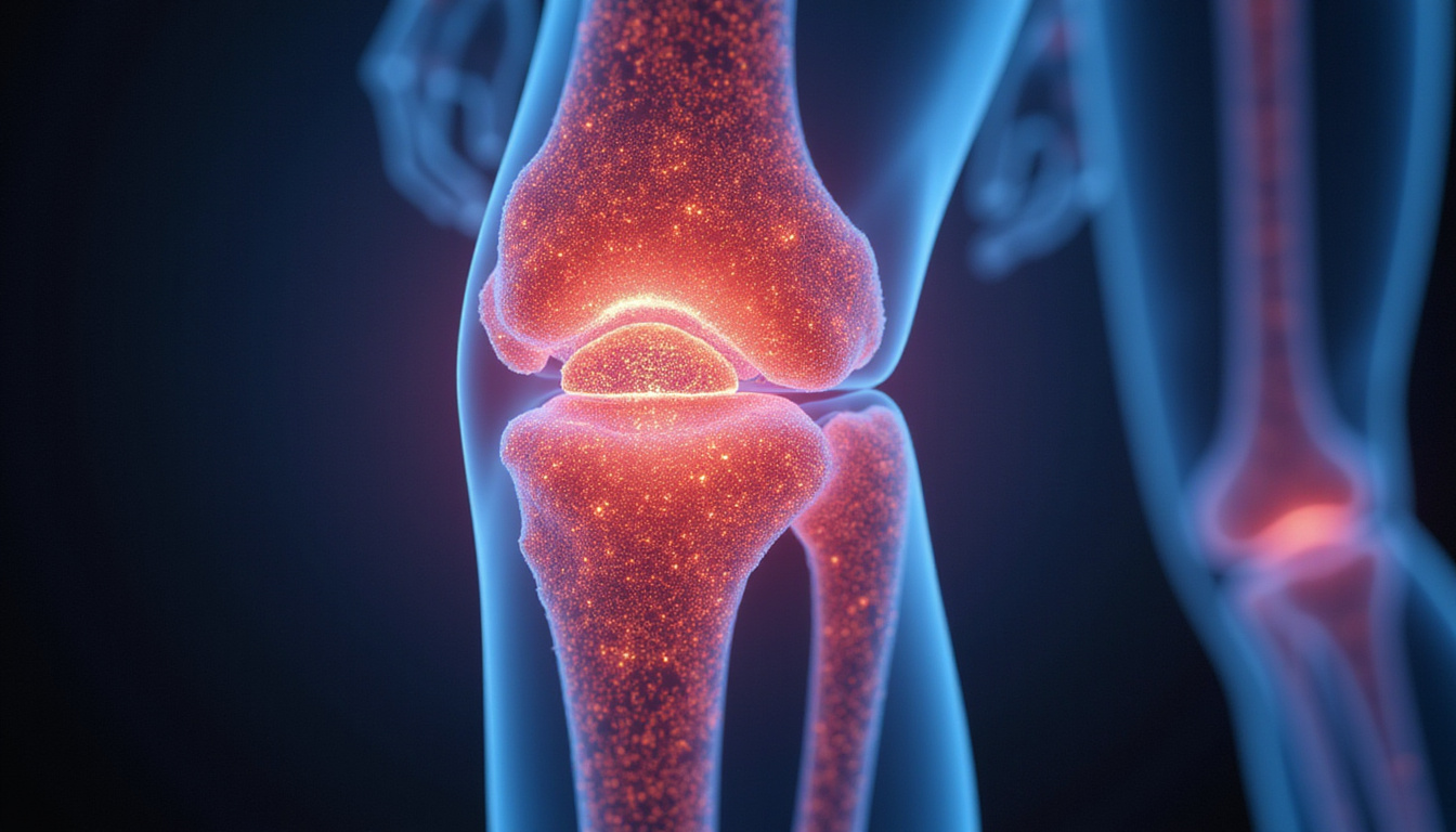  Macro view: luminous stem cells knitting new cartilage inside arthritic knee, light healing, no incision