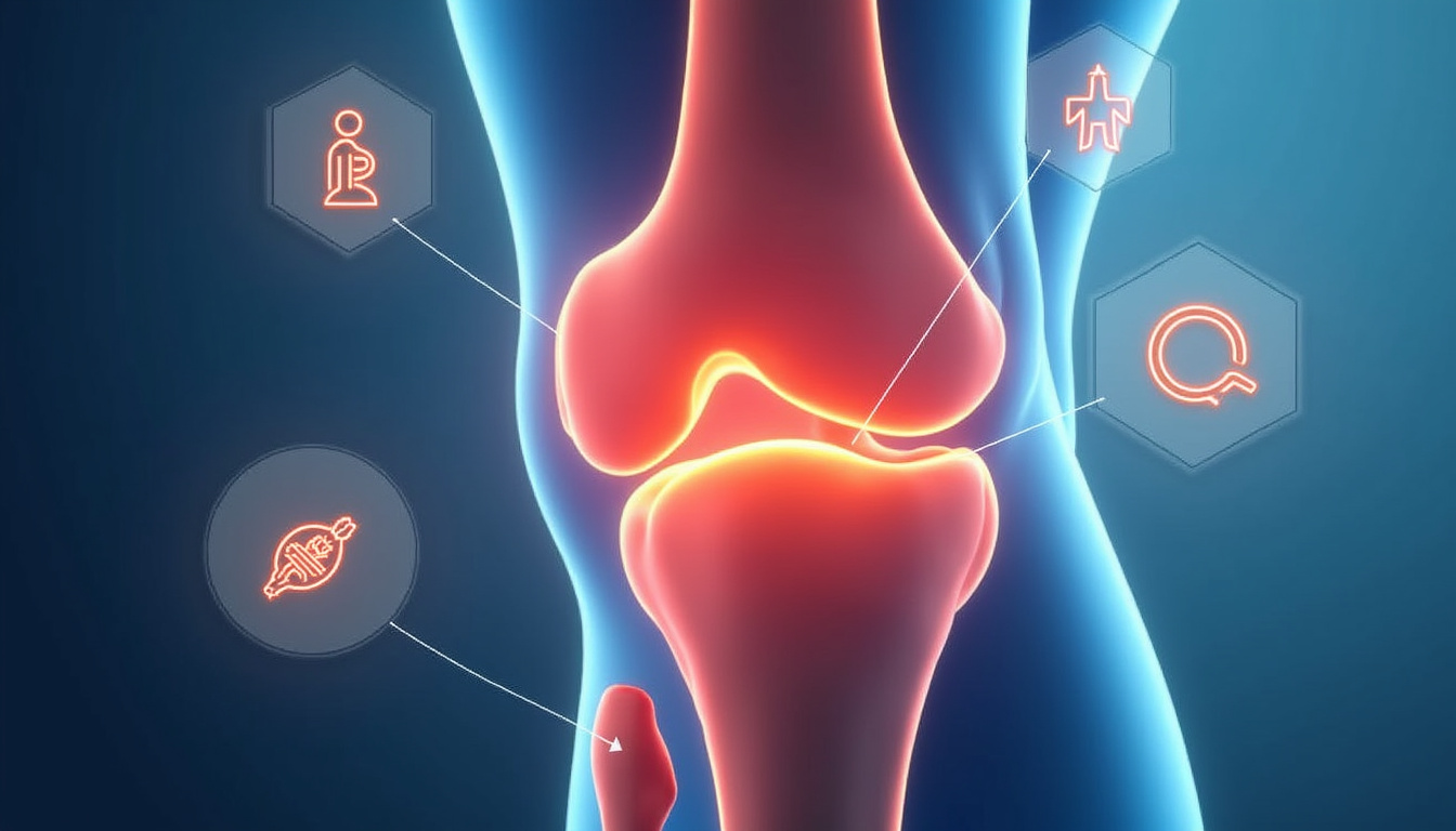 Detailed anatomical knee cross-section with gleaming cartilage and surrounding icons: exercise, balance, diet, doctor