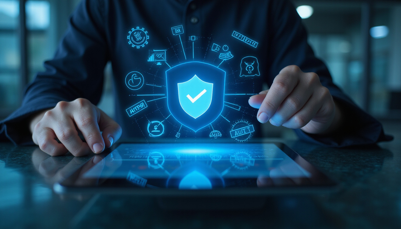  Administrator tablet displaying compliance checklist, holographic shield icon, audit stamps, cool blue lighting