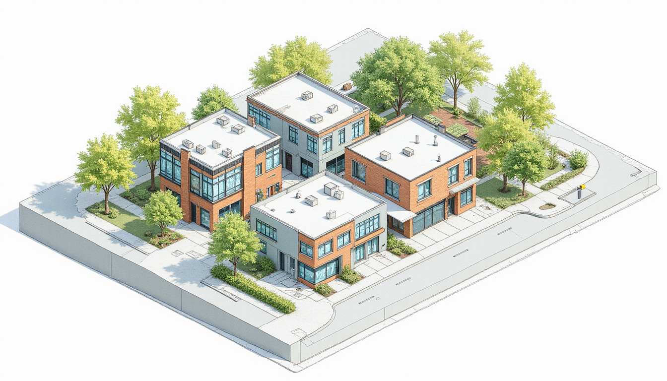  Schematic overlay of sustainable retrofit and profit metrics, flexible floorplans, mixed-use conversion, bright palette