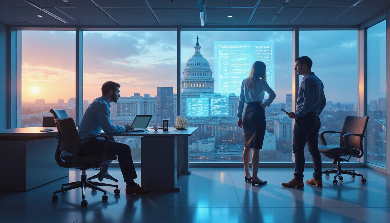  Consultant advising entrepreneurs in modern office, Federal building skyline, contract documents, glowing compliance checklist