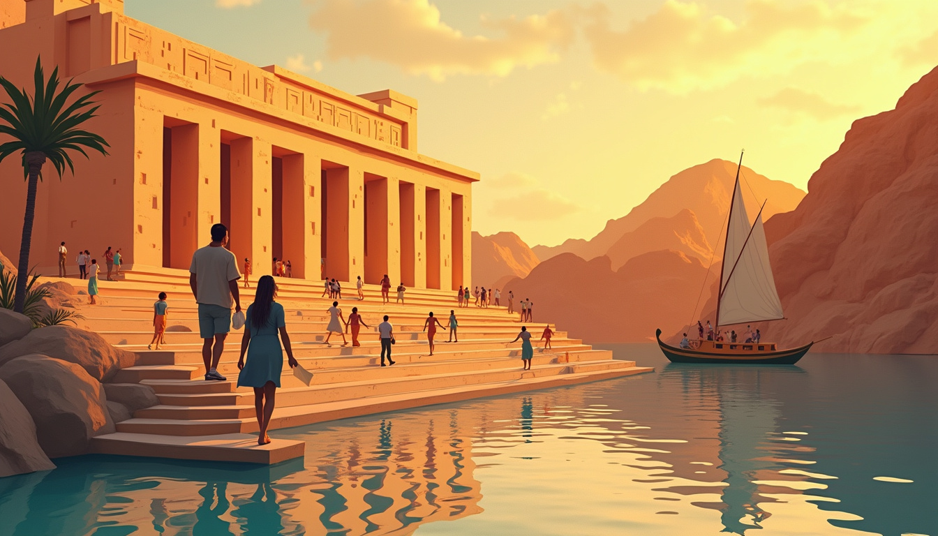  Guests disembarking to explore ancient temple steps, guide with map, felucca silhouettes