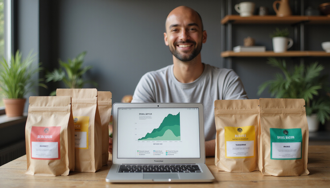  Minimal kraft packaging, eco labels, small-batch tee stacks, laptop with analytics, founder smiling, film grain