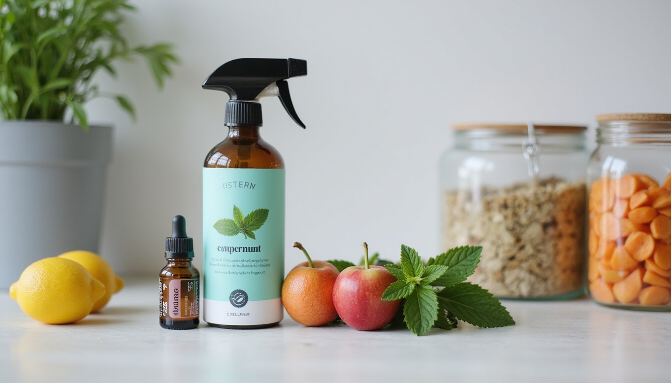Natural deterrents vignette: essential oils, peppermint spray bottle, sealed glass jars, neat pantry, confident homeowner