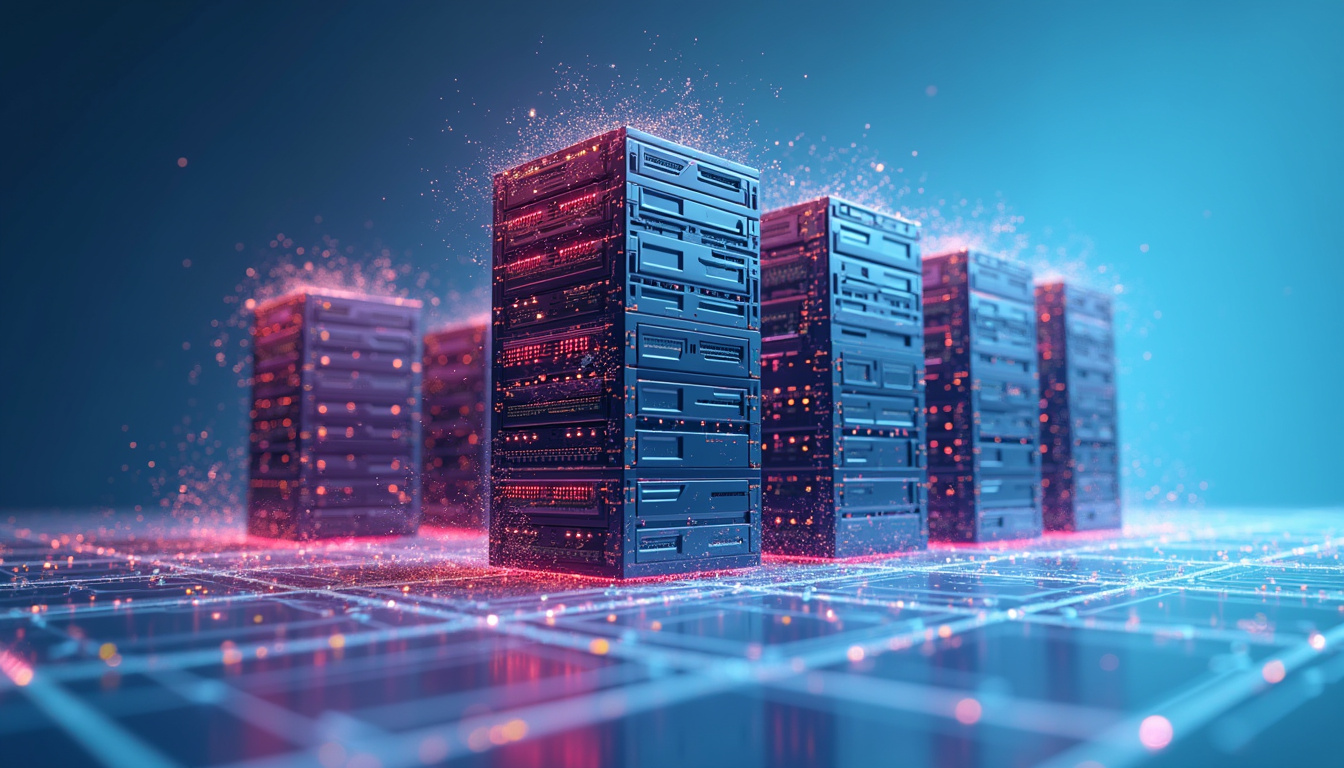  Towering modular server stacks transforming into autonomous agents, blueprints overlay, confident team orchestrating