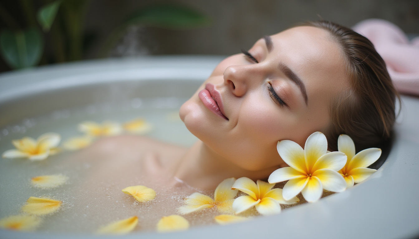  Close-up relaxed woman soaking in warm mineral water, frangipani petals, soft steam, tranquil expression