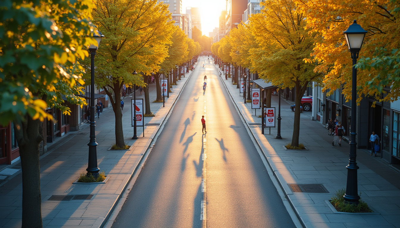  Aerial view of tree-lined streets, bustling sidewalks, for-sale signs, upward real-estate arrows, warm tones