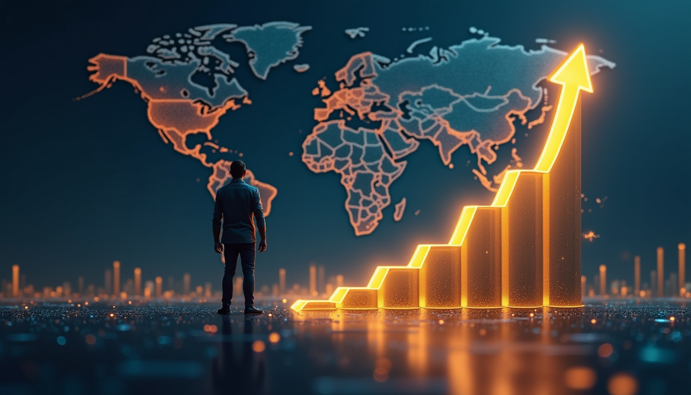  Calm trader watching a golden steady profit line ascend on holographic chart, world map backdrop