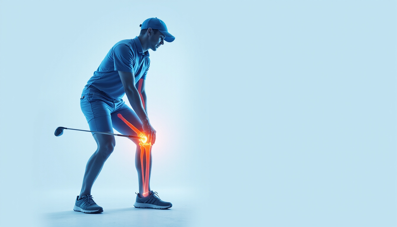  Anatomical overlay of knee joint while golfer stretches, clear labels, calming blue medical illustration