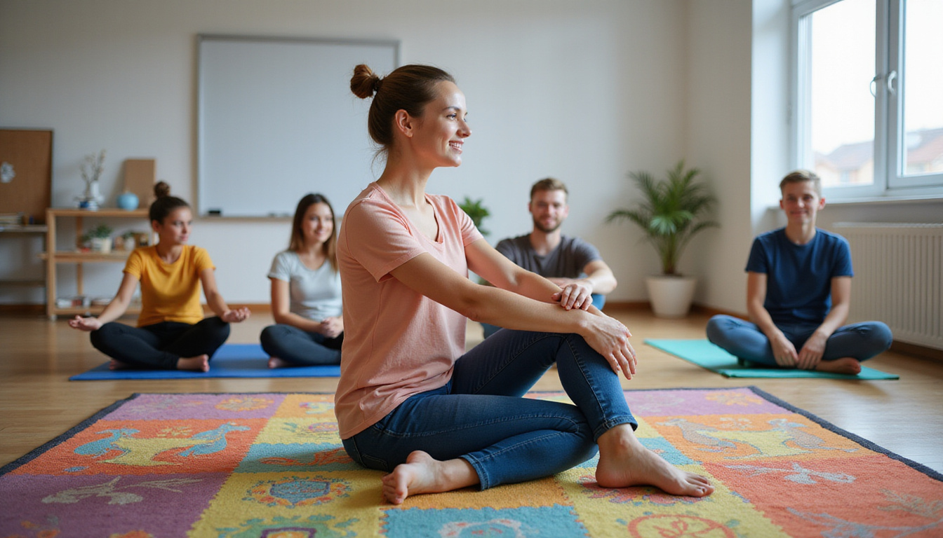  Teacher on colorful classroom rug doing seated hip and wrist mobility exercises, smiling students watching