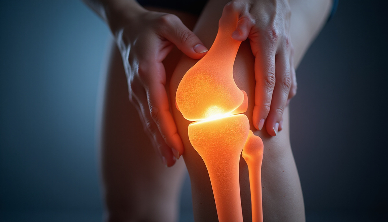  Close-up healthy knee, anatomical overlay of repaired meniscus, gentle hands, healing energy