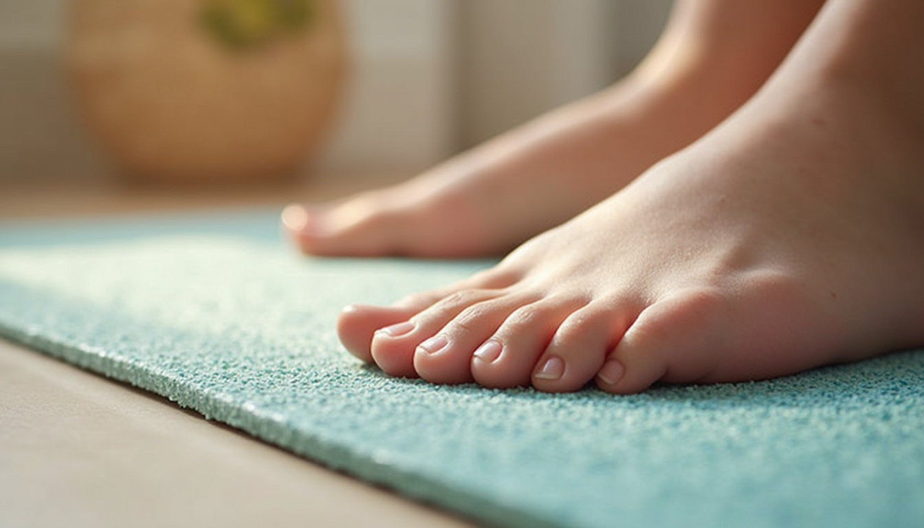 Close-up textured foam mat, relieved feet, soft shadows, minimalist infographic overlay, vibrant colors