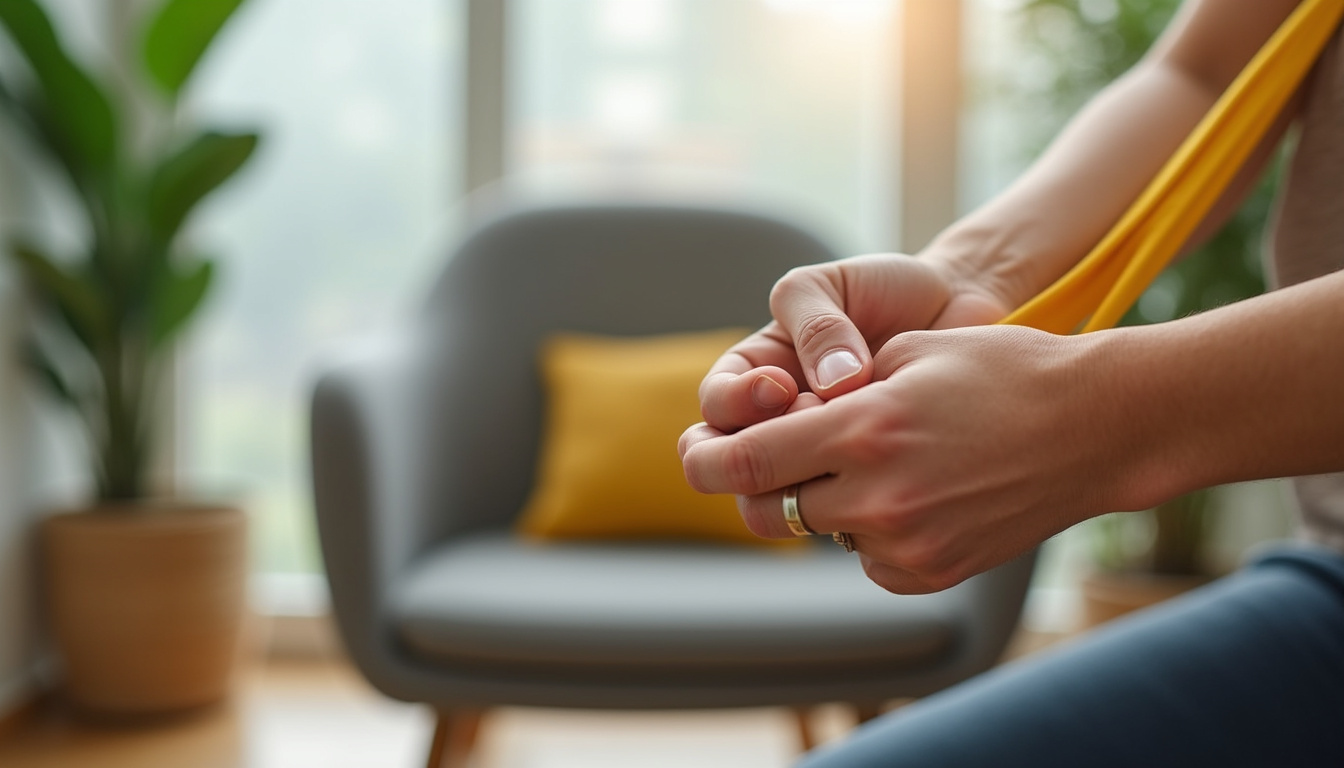  Close-up hands performing wrist mobility exercises with resistance band near cozy armchair and plants