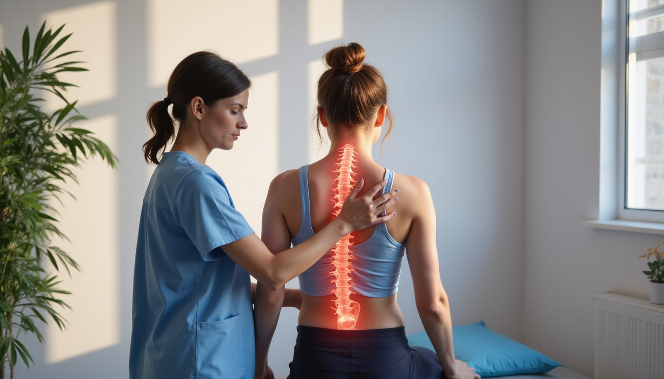  Physiotherapist demonstrating posture correction to perimenopausal woman, anatomical spine illustration, calming clinic lighting