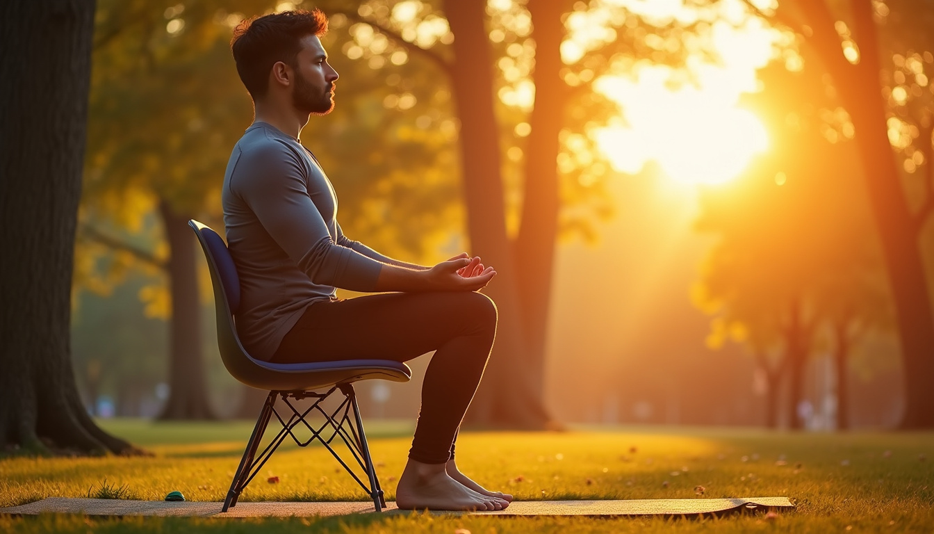  Calm park, man practicing seated chair-yoga, gentle knee alignment, strap and cushion, warm sunset