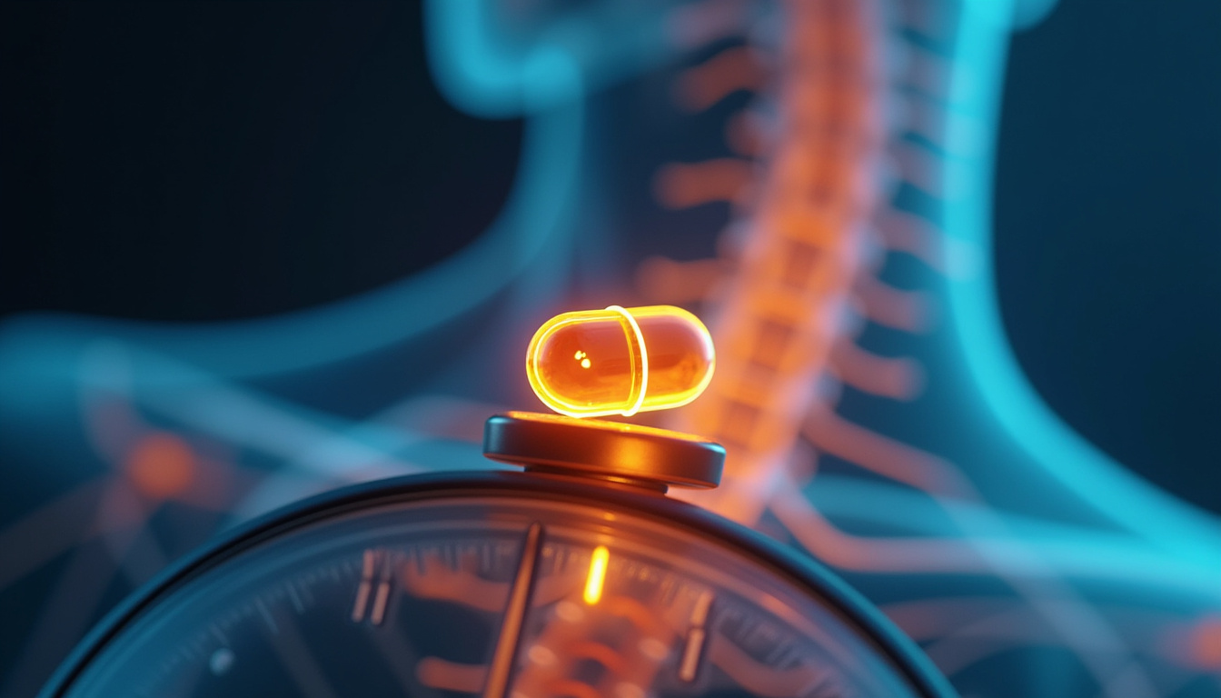 Close-up gabapentin capsule on stopwatch, radiating soothing light along spine nerve pathways