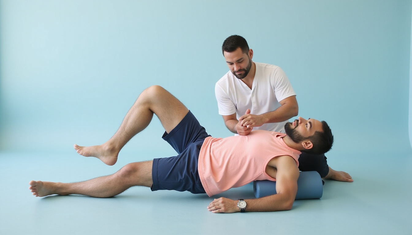  Physiotherapist guiding man through core-strengthening Pilates, foam roller, calm pastel tones, motion lines showing improved mobility