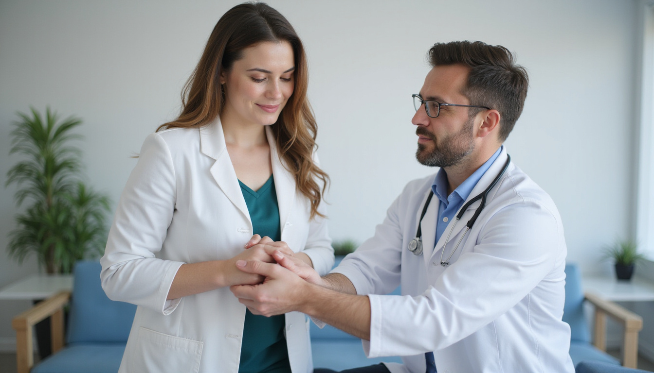  Patient performing quick wrist stretches, relieved expression, doctor guiding, clean clinic background, soft lighting