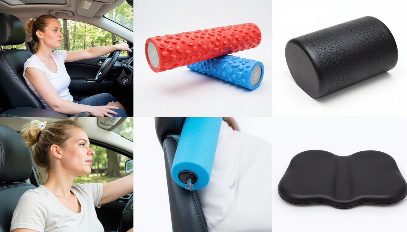  Collage of driver performing neck stretches, foam roller, massage tool, ergonomic seat cushion