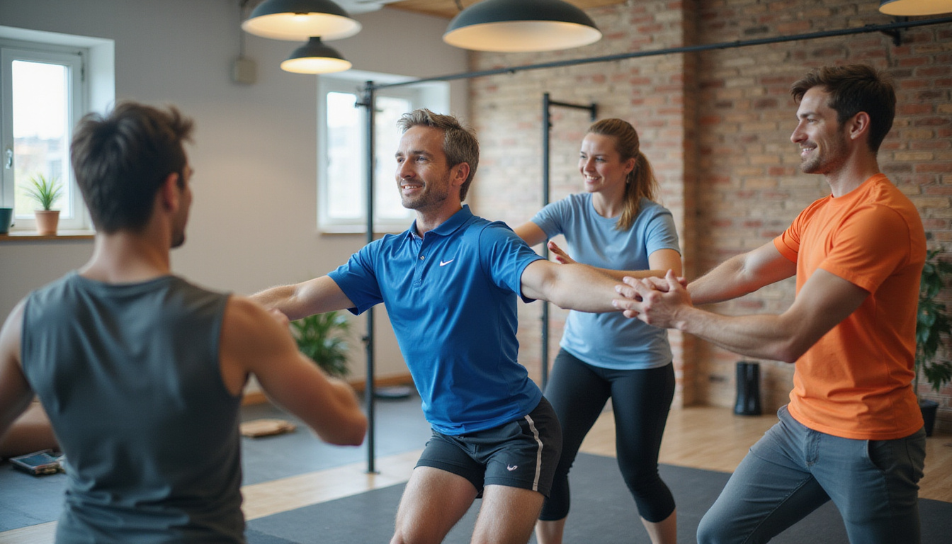  Senior athletes doing low-impact strength exercises, physical therapist guiding, dynamic gym scene, hopeful