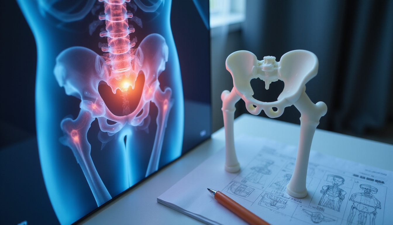  Close-up of hip joint X-ray beside prosthetic hip model and rehabilitation plan, soft light