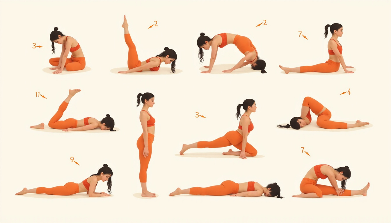  Sequence of nine illustrated gentle stretches, numbered silhouettes, warm pastel palette, arrows indicating motion, clear anatomy