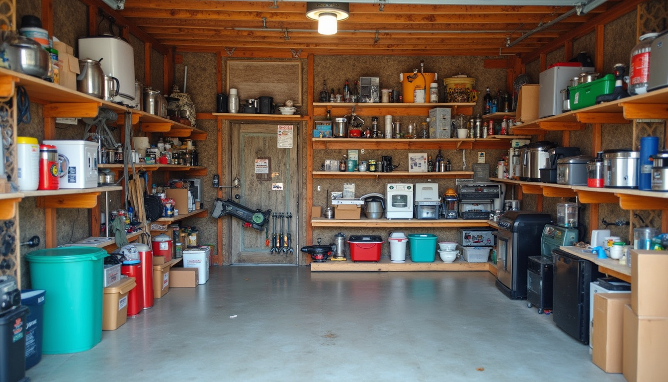  Cluttered garage transformed: compact shelving storing small appliances, coins and dollar bills scattered, joyful homeowner