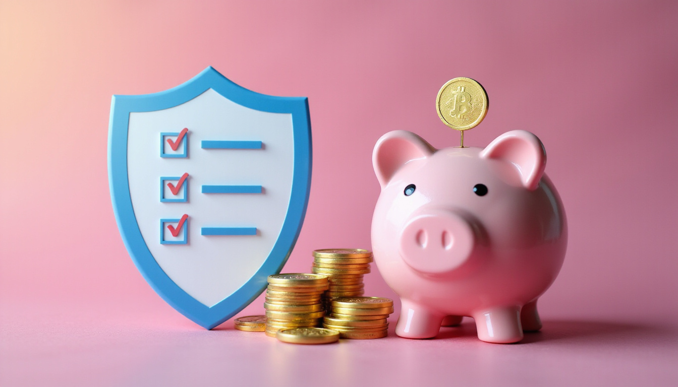 Checklist and shield overlay on bullish market chart, coins cascading into piggy bank, high detail