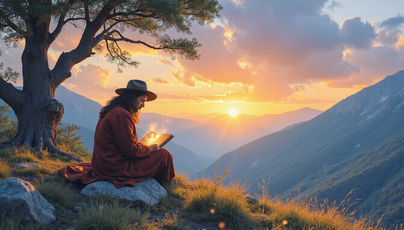 Worn-out pilgrim reading a glowing survival guide, restorative landscape, soft watercolor palette