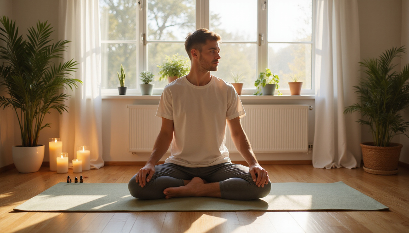  Man doing gentle yoga stretch on mat, candles, essential oils, plants, serene morning light