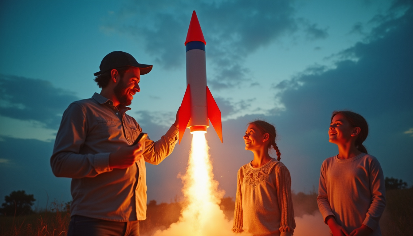  Weekend warrior dad teaching kids to launch homemade rocket, twilight sky, excited faces, DIY teamwork