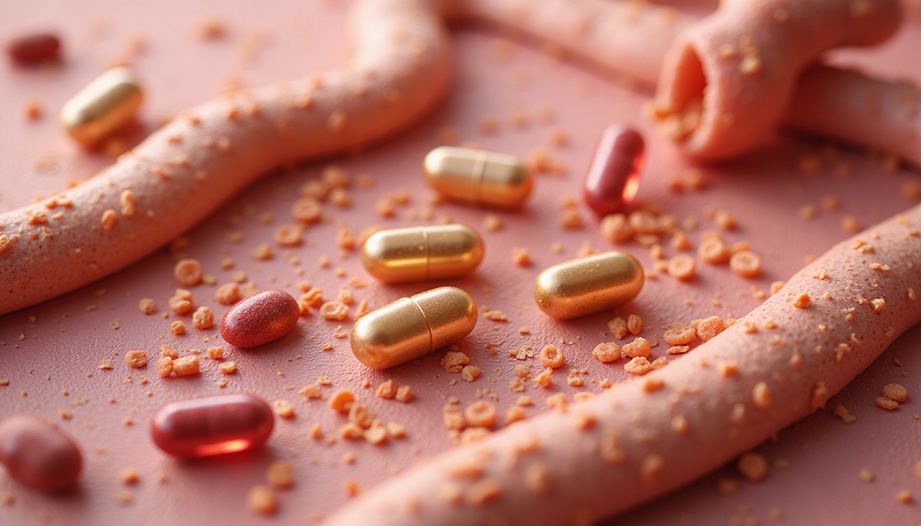  Digestive tract close-up, glucosamine capsules dissolving, molecules passing intestinal wall into bloodstream